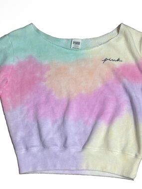 Victoria’s Secret PINK Rainbow Tie Dye Crop Sweatshirt Small Off Shoulder Lounge